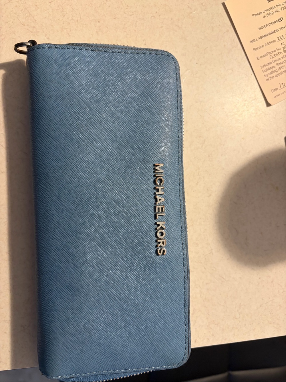 Michael Kors Light Blue Zip-Around Saffiano Leather Wallet